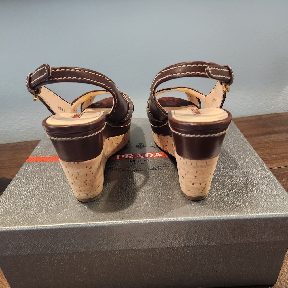 Prada Womens Brown Wedge Sandals, Size 35 - Picture 5 of 14